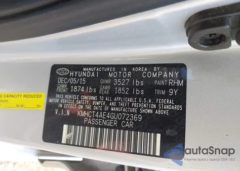 2016 Hyundai Accent Se z USA, uszkodzony, nr VIN KMHCT4AE4GU072369